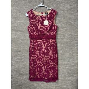 Adrianna Papell Dress Womens 8 Pink Lace Sheath Sleeveless Knee Length Cocktail